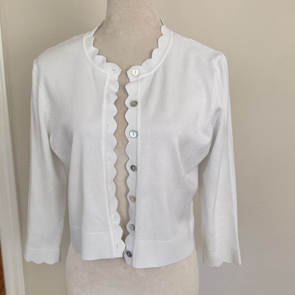 White Scalloped Edge 3/4 Sleeve Cropped Cardigan L